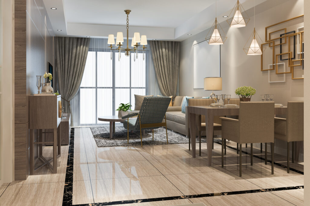 3d Rendering Loft Luxury Living Room With Shelf Near Dining Table 1 1024x683